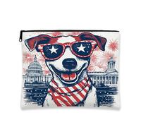Bolsa de maquillaje Russell Terrier del 4 de julio de 7 x 9 pulgadas para bolso de viaje, bolsa de cosméticos patriótica de 250 años para mujeres, aniversario americano, organizador portátil de lona