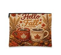 Bolsa de maquillaje rústica vintage de otoño, Hello Fall para tazas de café, bolsa de viaje para mujeres, organizador portátil pequeño de lona con cremallera, Marrón, 7x9 Inch, Otoño