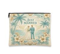 Bolsa de maquillaje temática de boda, conchas de playa tropicales, bolsa de viaje para mujeres y niñas, organizador portátil de lona con cremallera, bolsa de aseo recién casada, 7 x 9 pulgadas