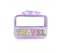 Bolsa de Maquillaje Translucent Wash Bags Travel Makeup with Letter Patches Large Clear Make Up Zipper Pouch with Handle Bath Organizer(Purple)