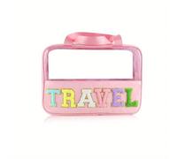 Bolsa de Maquillaje Translucent Wash Bags Travel Makeup with Letter Patches Large Clear Make Up Zipper Pouch with Handle Bath Organizer(Pink)