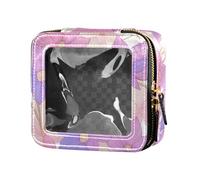 Bolsa de maquillaje transparente con diseño abstracto de rayas arcoíris para mujer, organizador de cosméticos portátil con cremallera, Flores lilas y rosas, talla de un talla