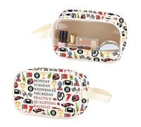 Bolsa de maquillaje transparente de piel sintética con asa, diseño de carreras de días de la semana, Raceday Pu, No