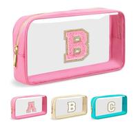 Bolsa de maquillaje transparente personalizada con letra inicial, bolsa pequeña de nailon y PVC con cremallera con letra de chenilla, bolsa portátil para el cuidado de la piel, regalo de monograma