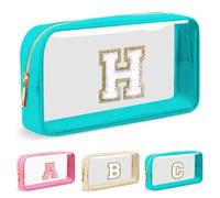 Bolsa de maquillaje transparente personalizada con letra inicial, bolsa pequeña de nailon y PVC con cremallera con letra de chenilla, bolsa portátil para el cuidado de la piel, regalo de monograma