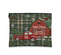 Bolsa de maquillaje vintage con diseño de camión rojo para árbol de Navidad | Fondo a cuadros, bolsa de maquillaje con cremallera, granero rústico, copos de nieve de invierno, acebo de vacaciones