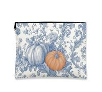 Bolsa de maquillaje vintage de calabaza, bolsa de viaje para cosméticos con flores azules para mujer, organizador portátil de lona con cremallera, bolsa de aseo para festivales de otoño, Azul, 7x9
