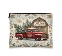 Bolsa de maquillaje vintage de camión rojo para árbol de Navidad, 17,8 x | Granero rústico vintage, bolsa de maquillaje con cremallera, pinos, copos de nieve, estética de granja