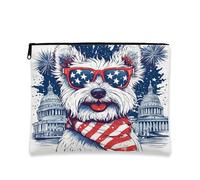 Bolsa de maquillaje Westie Dog del 4 de julio de 7 x 9 pulgadas para bolso de viaje, bolsa de cosméticos con patrón patriótico de 250 años para mujeres, organizador portátil de lona con cremallera