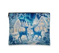 Bolsa de maquillaje Winter Wonderland, bolsa de viaje para cosméticos, diseño de ciervo azul para mujer, organizador portátil de lona con cremallera, bolsa de aseo para el cuidado de la piel de