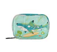 Bolsa de medicina verde de tiburones de dibujos animados con compartimentos desmontables, funda de viaje reutilizable para bolso