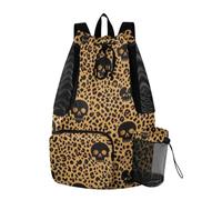 Bolsa de natación impermeable con cordón y botella de malla lateral | Saco de playa portátil de tela de fútbol suave y ligera, para camping, montañismo, pesca, leopardo, calavera, color marrón