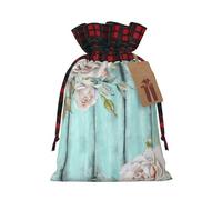 Bolsa de Navidad a cuadros a juego con diseño floral de puerta de granero verde azulado con cordón, 4.7 x 6.9 pulgadas para Navidad, Halloween