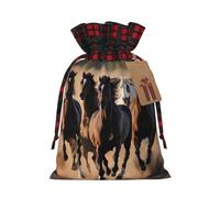 Bolsa de Navidad a cuadros a juego con estampado de caballos corriendo con cordón para fiestas de cumpleaños de Navidad, 4.7 x 6.9 pulgadas