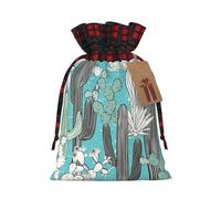 Bolsa de Navidad a cuadros a juego con estampado de cactus y plantas tropicales con cordón, 4.7 x 6.9 pulgadas para Navidad, Halloween
