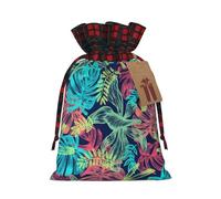 Bolsa de Navidad a cuadros a juego con estampado de hojas de arte digital con cordón, 4.7 x 6.9 pulgadas para Navidad, Halloween