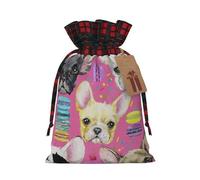 Bolsa de Navidad a cuadros a juego con estampado de perro bulldog francés con cordón, 4.7 x 6.9 pulgadas para Navidad, Halloween