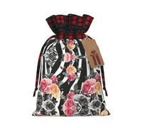 Bolsa de Navidad a cuadros a juego con estampado de rayas de cebra y flores de rosas con cordón, 4.7 x 6.9 pulgadas para Navidad, Halloween