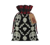 Bolsa de Navidad a cuadros con estampado de calavera de flores a juego con cordón, 4.7 x 6.9 pulgadas para Navidad, Halloween