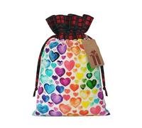 Bolsa de Navidad a cuadros con estampado de corazones de arco iris, diseño de cordón para fiesta de Navidad, embalaje de regalo