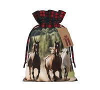 Bolsa de Navidad a cuadros con estampado de tres caballos corriendo a juego con cordón para fiestas de cumpleaños de Navidad, 4.7 x 6.9 pulgadas