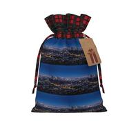 Bolsa de Navidad con cordón a cuadros con estampado de horizonte de Los Ángeles con etiqueta de papel kraft de 4.7 x 6.9 pulgadas para Halloween