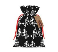 Bolsa de Navidad con cordón de impresión de banderas a cuadros de fórmula blanca y negra con etiqueta de papel kraft de 4.7 x 6.9 pulgadas para regalos de Halloween