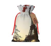 Bolsa de Navidad con cordón de impresión de Torre Eiffel y puesta de sol de París con etiqueta Kraft de 4.7 x 6.9 pulgadas para regalos de Halloween