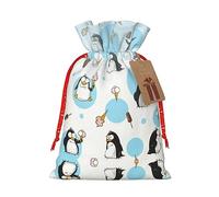 Bolsa de Navidad con cordón y estampado de pingüinos lindos con etiquetas, reutilizable, para fiestas de cumpleaños, regalos, bodas, vacaciones