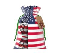 Bolsa de Navidad con estampado de bandera de Estados Unidos y paz hippie - Paquete de vacaciones premium, embalaje festivo de Navidad con diseños alegres