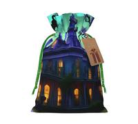 Bolsa de Navidad con estampado de mansión embrujada, color negro, con cordón, para decoración de temporada, regalos de regalo