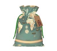 Bolsa de Navidad con estampado retro de mapa del mundo, saco con cordón para regalos de Navidad, decoración de temporada, suministros de fiesta