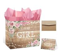Bolsa de papel grande de 13 pulgadas para baby shower, bolsa de regalo floral con papel de seda, asa y tarjeta de felicitación para baby shower bohemio o cumpleaños, revelación de género, suministros