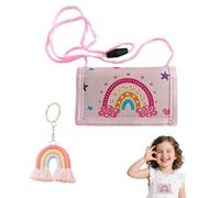 Bolsa de pecho para niños con llavero, diseño de arcoíris, estilo boho para niñas, triple pliegue para colgar, ventana de identificación, monedero, tarjetero, correa ajustable para el cuello