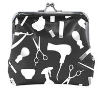 Bolsa de piel personalizada para mujer, bonito símbolo de peluquería negro y blanco con hebilla de bloqueo de beso para niñas, cartera con cambio de tarjeta, Símbolo de peluquería Negro Blanco
