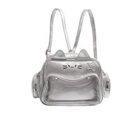 Bolsa de piel sintética Kawaii Cat Ita para niñas escolares, mochila cruzada estética Preppy Y2K con inserto, Silver, 28x20x14cm, Casual