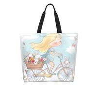 Bolsa De Playa Chica Rubia Montando En Bicicleta, Conejito, Flores Mujer Bolsa De Mano Grande Bolso Tote Plegable Tote Bag Para Universidad Viaje Verano