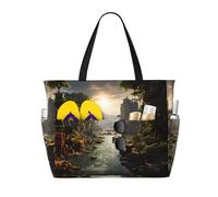 Bolsa de playa con estampado de montañas y ríos de gran capacidad, adecuada para vacaciones, camping, mudanzas, compras y mucho más.