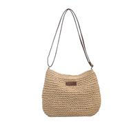 Bolsa de playa de paja, bolsos de paja de hombro con un solo hombro trenzado, bolsas de verano de cuerpo cruzado de gran capacidad con cremallera - beige