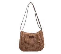 Bolsa de playa de paja, bolsos de paja de hombro con un solo hombro trenzado, bolsas de verano de cuerpo cruzado de gran capacidad con cremallera - caqui