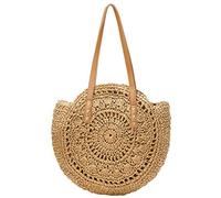 Bolsa de playa de paja natural tejida a mano para mujer: gran capacidad, plegable y ligera con diseño bohemio, perfecta para viajes de playa de verano y regalos., Patrón caqui, 1