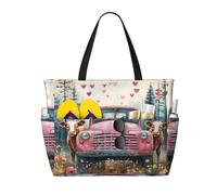 Bolsa de playa grande plegable de viaje con bolsillo para fin de semana, vacaciones en la piscina, Valentines Highland Cow 15, Talla única