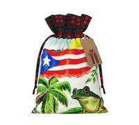 Bolsa de regalo artesanal de arpillera con cordón, diseño de rana y palmeras con bandera de Puerto Rico, una elegante bolsa de regalo textil perfecta para cualquier ocasión