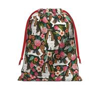 Bolsa de regalo con cordón con estampado de perro y flores con cinta roja suave y elegante para Navidad, Halloween, se adapta a tarjetas de caramelos
