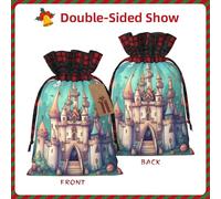 Bolsa de regalo con cordón de Navidad con estampado de castillo, bolsa de almacenamiento de lino, para Navidad, fiesta de vacaciones, tamaño S