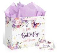Bolsa de regalo con diseño de mariposa para baby shower, con texto en inglés "A Little Butterfly is On The Way", bolsa de regalo de cumpleaños con papel de regalo, color morado, rosa, floral, para