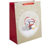 Bolsa de regalo con oso y pingüino con gorro de Papá Noel - 31 x 42 cm