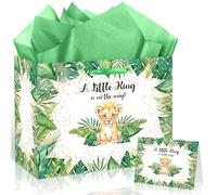 Bolsa de regalo de cumpleaños con diseño de león para baby shower, con texto en inglés "A Little King is On The Way", con tarjeta de papel de regalo, safari, para baby shower, suministros de fiesta de