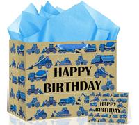 Bolsa de regalo de cumpleaños de construcción, camión azul, bolsa de regalo de feliz cumpleaños con papel de seda y tarjeta de felicitación, excavadoras, tractores, vehículos, grúas, bolsa de