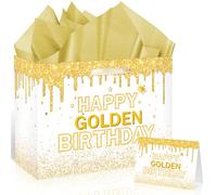 Bolsa de regalo de cumpleaños dorada con purpurina dorada para decoración de cumpleaños It's My Golden Birthday con tarjeta de felicitación, papel de seda para mujeres y hombres, suministros de regalo